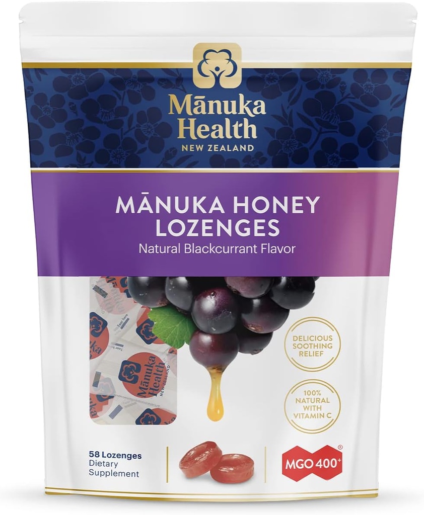 Manuka Health Manuka Honey Throat Lozenges - Blackcurrant Flavored Lozenges, 58-Count - Hustentropfen mit Raw Manuka Honey & Vitamin C für Immununterstützung