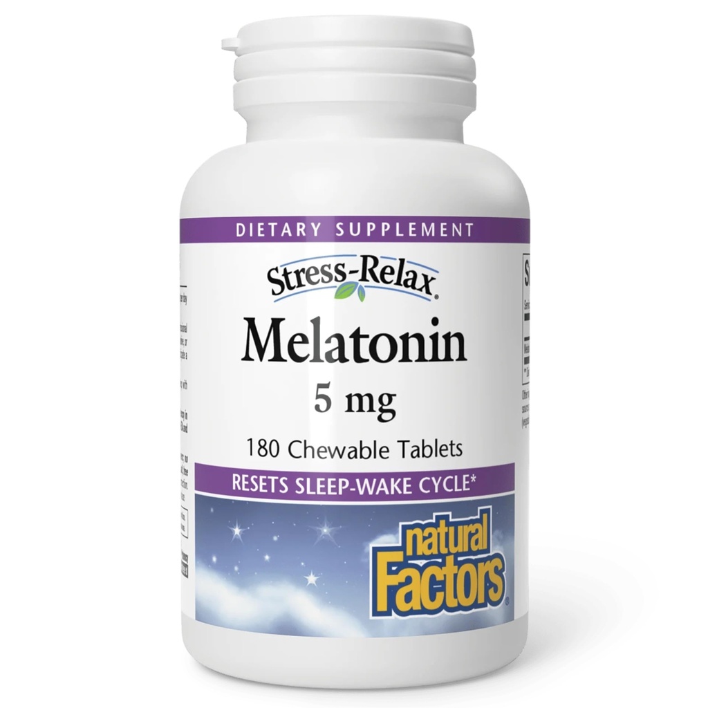Stress-Relax Melatonin 5 mg by Natural Factors, Natural Sleep Aid, Resets the Sleep-Wake Cycle, 180 compresse masticabili (180 porzioni), Peppermint Flavor