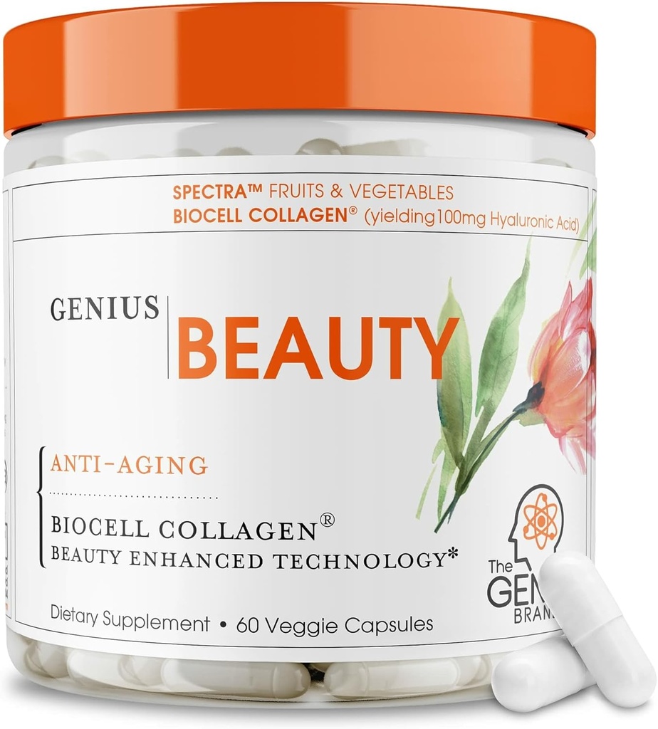 Bellezza Genius, Hair Skin & Nails Vitamine, 60 Capsule - Antiossidante Antiinvecchiamento Supplemento, Pillole di collagene idrolizzate, Glutathione & Astaxanthin - Detox Cleanse, Wrinkles, Hair Growth & Healthy Skin