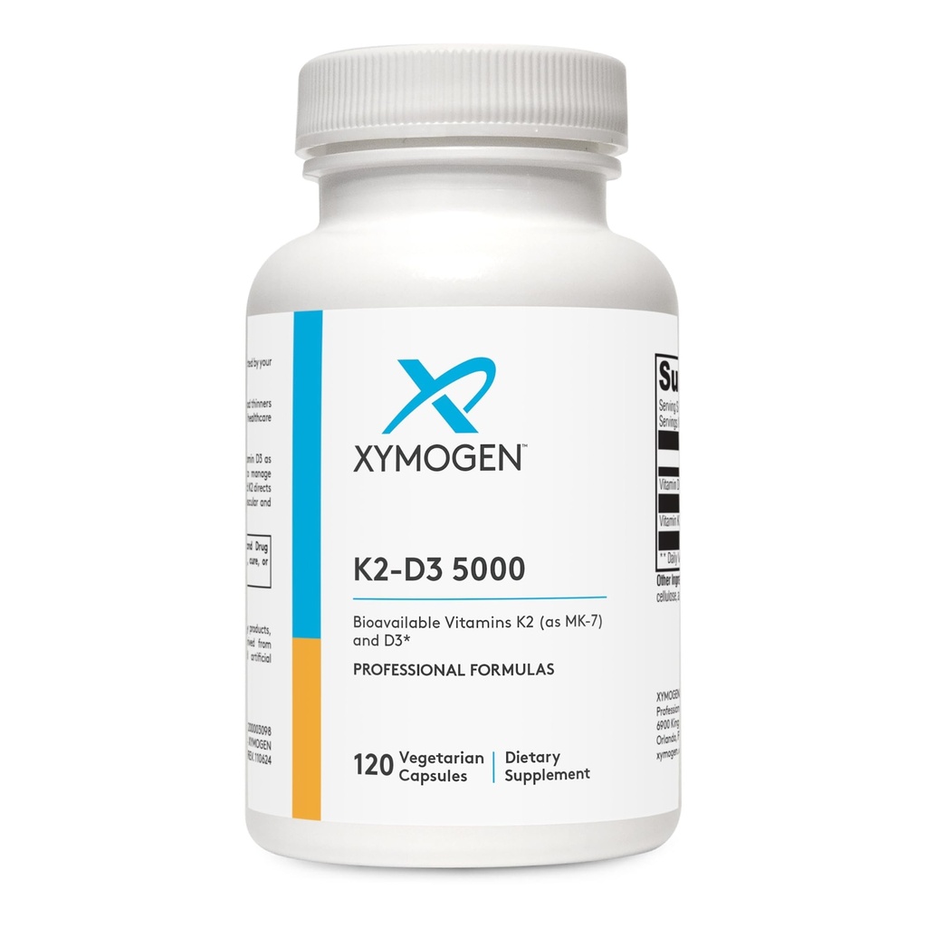 XYMOGEN K2-D3 5000 - Vitamin D3 K2 - Bioverfügbares Vitamin D 5000 IU (Cholecalciferol) mit MK-7 - Herz, Arterial, Knochengesundheit + Immununterstützungsergänzung (120 Kapseln)