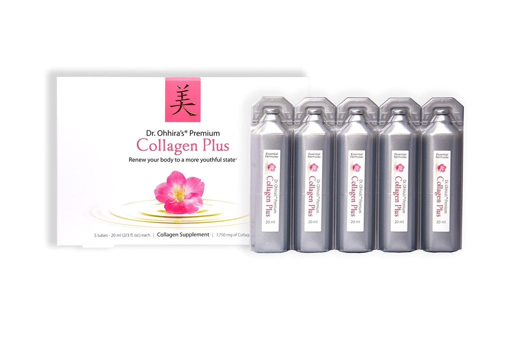 Le Premium Collagen Plus du Dr Ohhira. Un supplément de collagène liquide facile à mélanger avec 7 750 mg de peptides de collagène marin, un extrait de cerise et un concentré probiotique à base végétale, 5 paquets