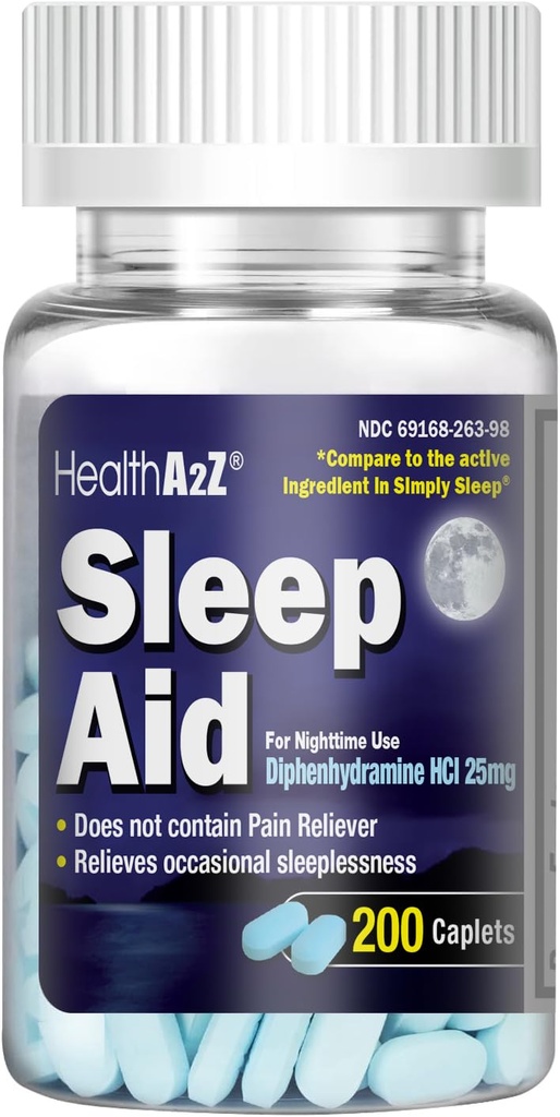 HealthA2Z Schlafhilfe 200 Kapseln | Diphenhydramin HCl 25mg | Regelmäßige Stärke Schlaf Pillen | Sicher & Non-Habit-Forming