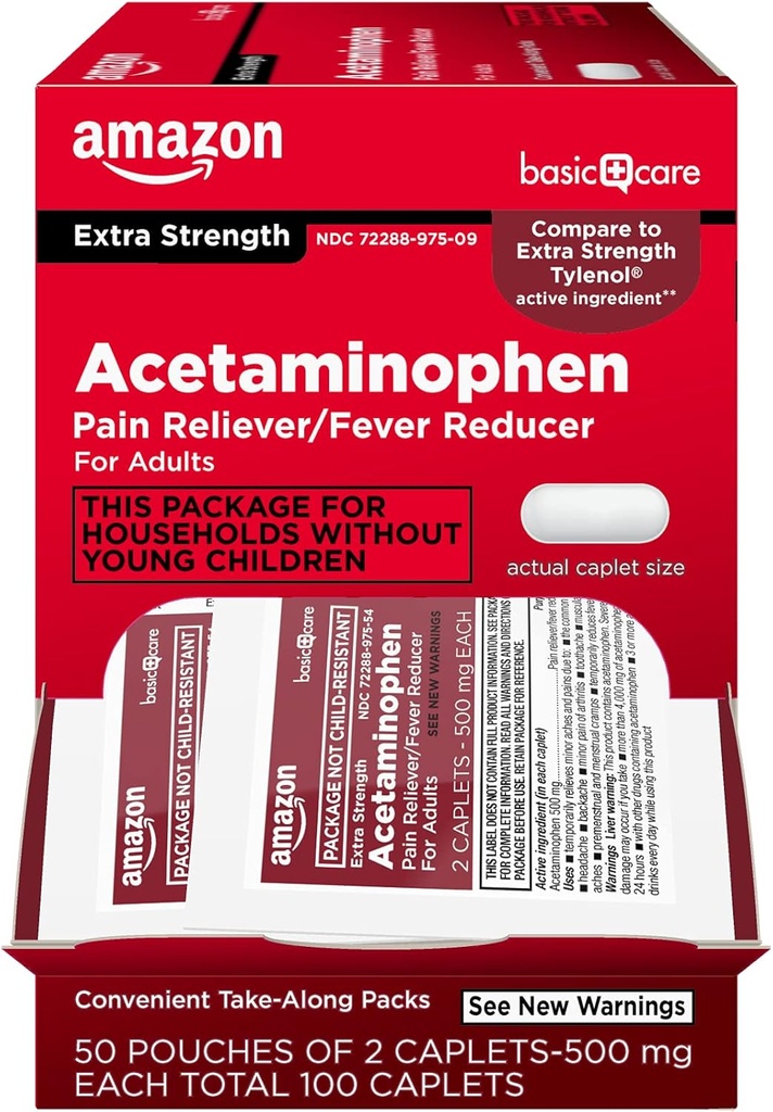 Cura di base - Caplet di Acetaminofene Extra Forza 500 mg, 100 Conte (50 sacchi di 2 caplets)