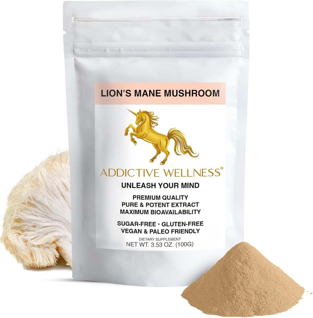 Addictive Wellness Lions Mane Supplement Powder, Premium Quality Lions Mane Mushroom Powder Dual-Extract Nootropic, Sugar Free, Vegan & Paleo Lion's Mane Mushroom Supplement - 1500 mg (100 Grammi)