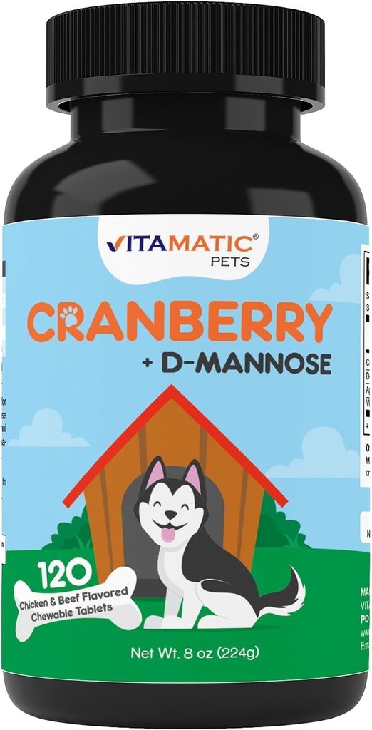 Mirtillo Vitamatico per Cani – 120 Compresse Chewable – con D-Mannose, Aceto di Sidro di Mele & Vitamina C – Supporto del tratto urinario e della vescica per cani