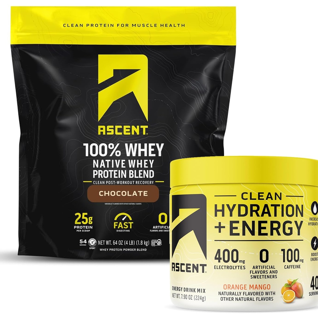 Ascesa 100% Whey Protein Powder, Cioccolato 4 lb & Idratazione + Energy Electrolytes, Arancione Mango 40 Serve
