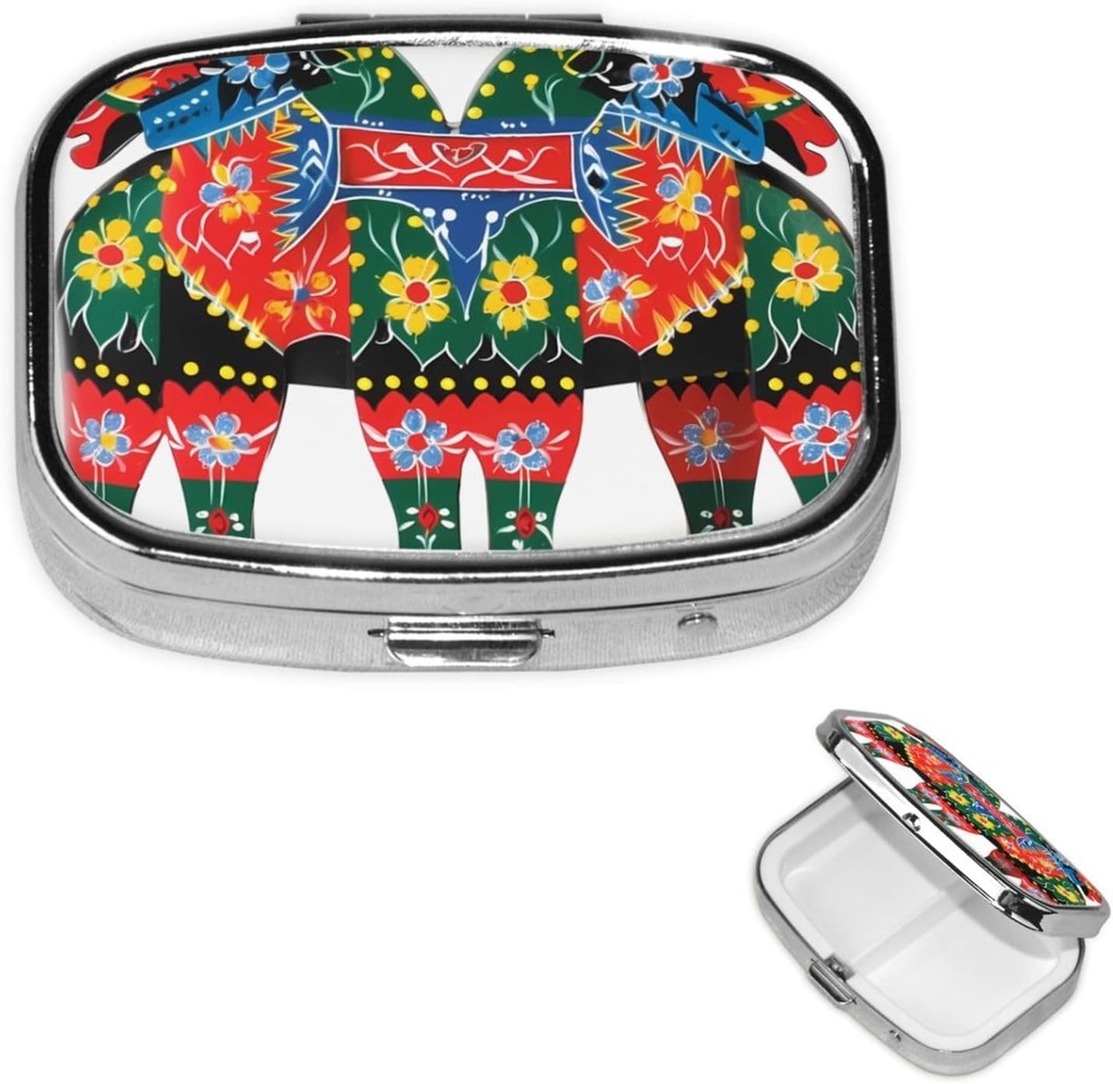 Quadratische Pille Fall für Geldbörse oder Tasche 2 Kompartiment Medizin Pille Box Tragbare kleine Pille Organizer Runner Schwedische Dala Pferd Folk Reise Pillbox Medizin Vitamin Cod Liver Öl Speicherbox