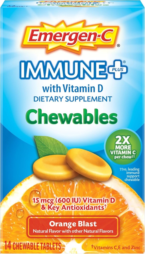 Emergen-C Immune+ Chewables 1000mg Vitamin C Tablet, con vitamina D, Immune Support Supplemento dietetico per l'immunità, Arancione Blast Flavor - 14 Conte