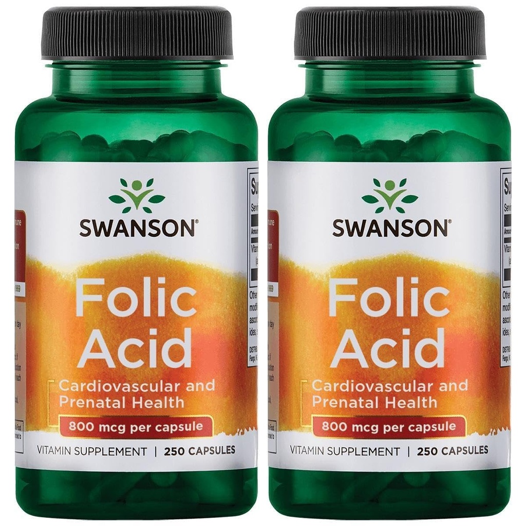 Acide folique de Swanson 800 mcg (1Vitamine 335 mcg Dfe Folate) 250 Capsules (2 Pack)