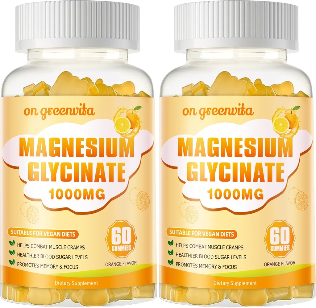 Magnesio Glycinate Gummies 1000mg - Zucchero Gratuito Magnesio Potassium Supplemento con Vitamina D, B6, CoQ10 per Calma Mood & Sleep Support - 120 Orange Gummies 2 Pack