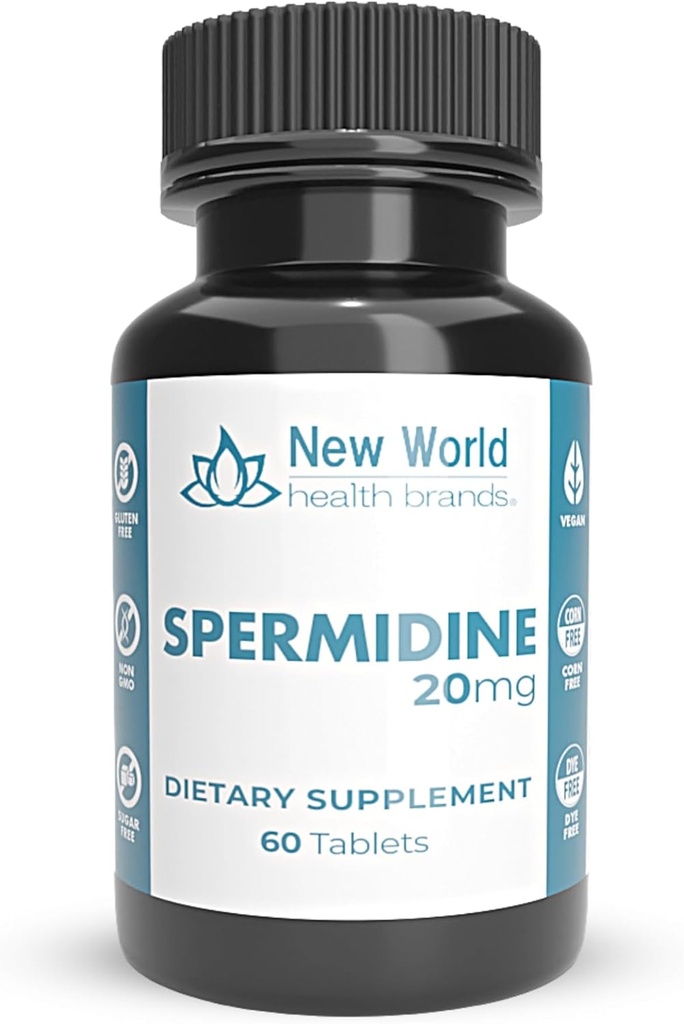 New World Health Brands Pure Spermidine (20mg) | 60 compresse - Fertilità, Anti-invecchiamento e supporto per la salute riproduttiva, Facile da ingoiare