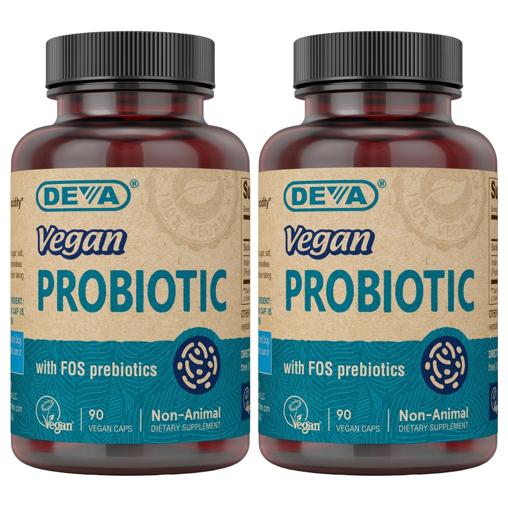DEVA Vegan Probiotics con FOS Prebiotics Supplement - 2 miliardi di CFU con 100 MG di Prebiotici Per Servere per Uomini & Donne - Glutine Non-Dairy Gratuito - Naturale Scaffale Stabile - 90 capsule (Pack of 2)