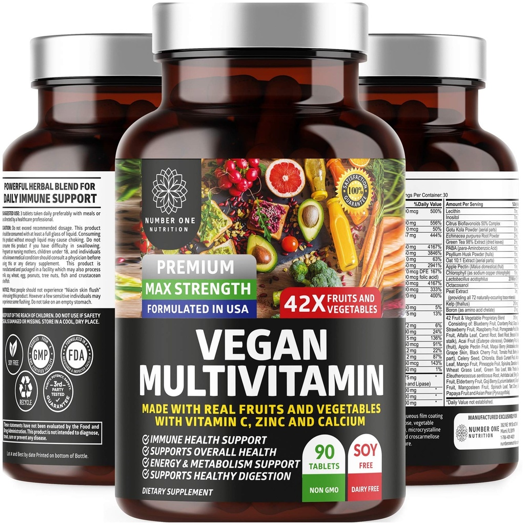 N1N Premium Plant Based Multivitamin [42 leistungsfähige Inhaltsstoffe] Männer & Frauen Tägliche Multivitamine mit Roh-Veggies und Obst, Probiotics, Alfalfa, Echinacea, Spirulina und Verdauungsenzyme, 90 Tabletten