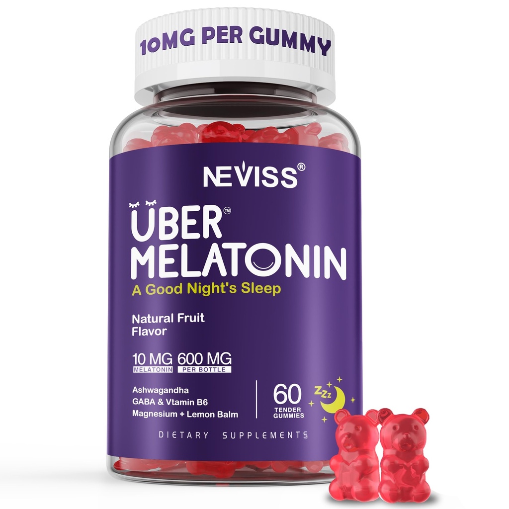 Melatonin Gummies 10mg 20mg für Erwachsene, Melatonin 10 mg pro Gummy mit Ashwagandha, Magnesium Glycinat, GABA, L-Theanin, Valerian Root und Zitronenbalm, Rest Support Supplement, Trauben Flavor, 60 Cts