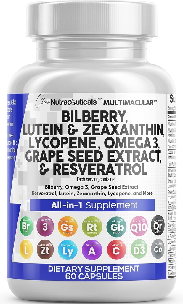Reinigen Sie Nutra Augenvitamine mit Bilberry Lutein und Zeaxanthin ergänzt Lycopin 40mg Resveratrol Traubensamen Astaxanthin für Augen - Eye Care Health Support Augenvitamin und Mineral Supplement