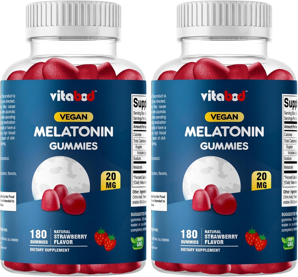 Melatonin 20mg Gummies - 180 Count - Drug Free - Natural Strawberry Flavor - Vegetarisch, Non-GMO, Glutenfrei (2 Flaschen)