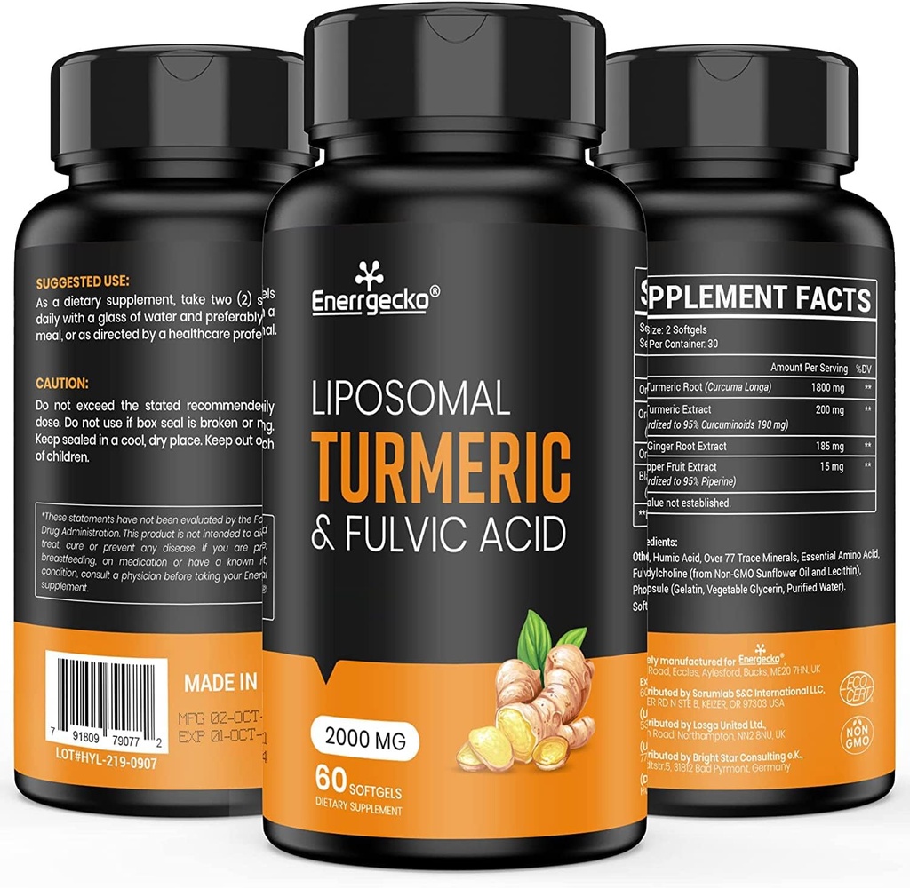 2000 mg Curcumina Turmerica Liposomica con Pepe Nero & Ginger per assorbimento superiore con acido Fulvico e acido Humico (60 Conte (confezione di 1))