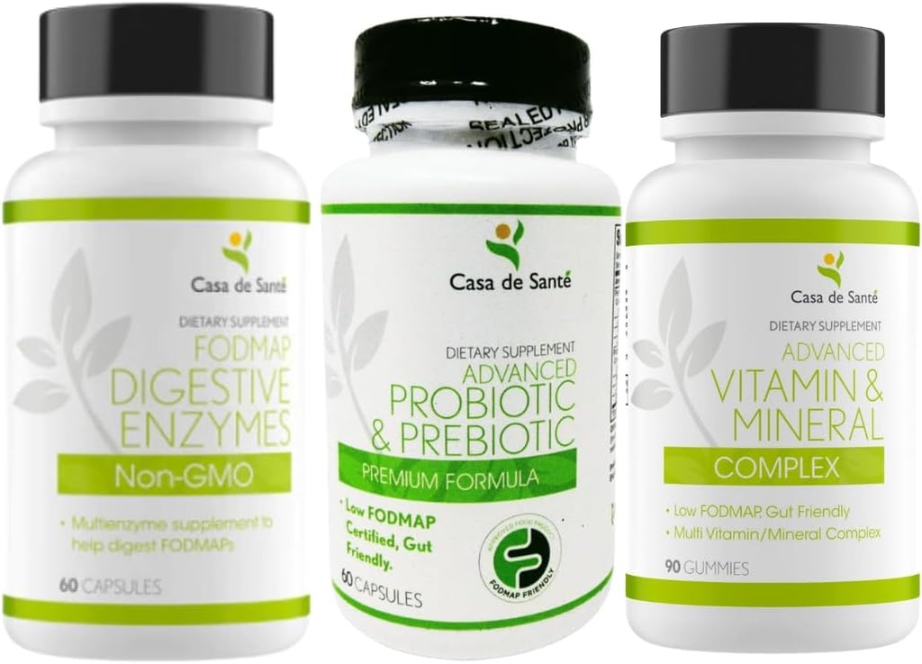 Casa de Sante Probiotic & Prebiotic Synbiotic, Advanced Vitamin & Mineral Complex Gummies and FODMAP Digestive Enzymes, Non OGM Low FODMAP Certified Bundle