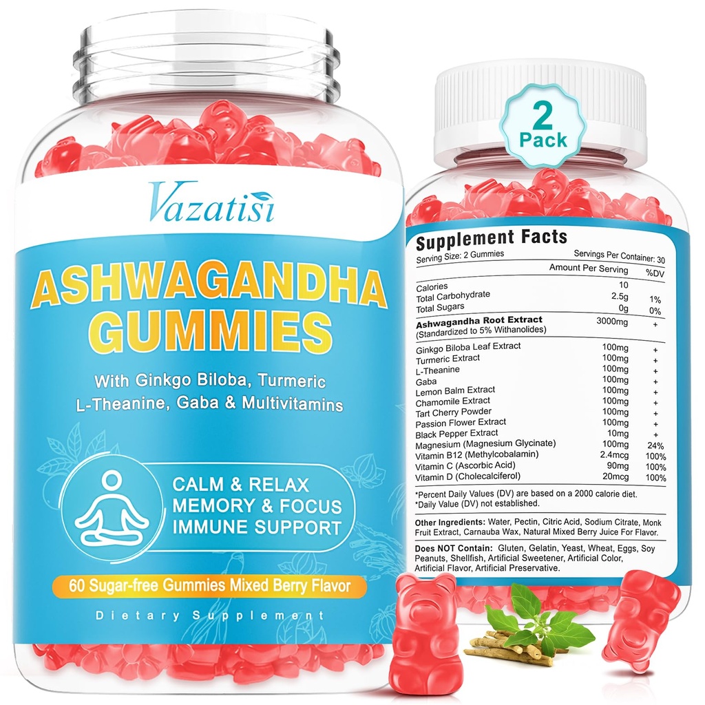 2 Pack Ashwagandha Gummies avec l'énergie d'humeur et le support immunitaire Turmeric GABA, mélange d'arôme de baie 120 Cts