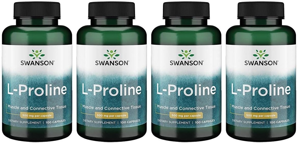 Swanson Aminosäure L-Proline Nahrungsergänzung Collagen Connective Tissue Support 500 mg 100 Kapseln (4 Packung)