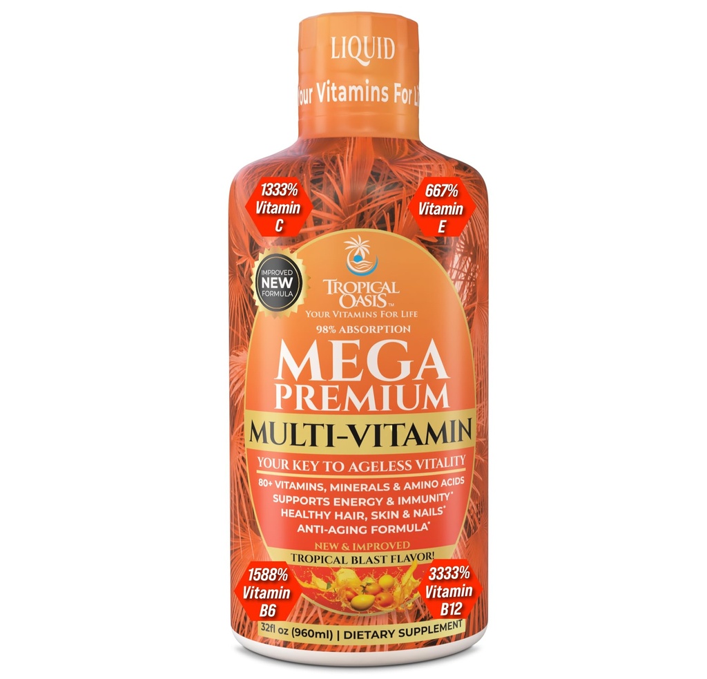 Mega Premium Liquid Multivitamines naturelles Immune Support Vitamine w/ 1333% Vitamine C, 200% D3, Zinc + 20 Vitamines, 70 Minéraux, et 21 Acides Amino