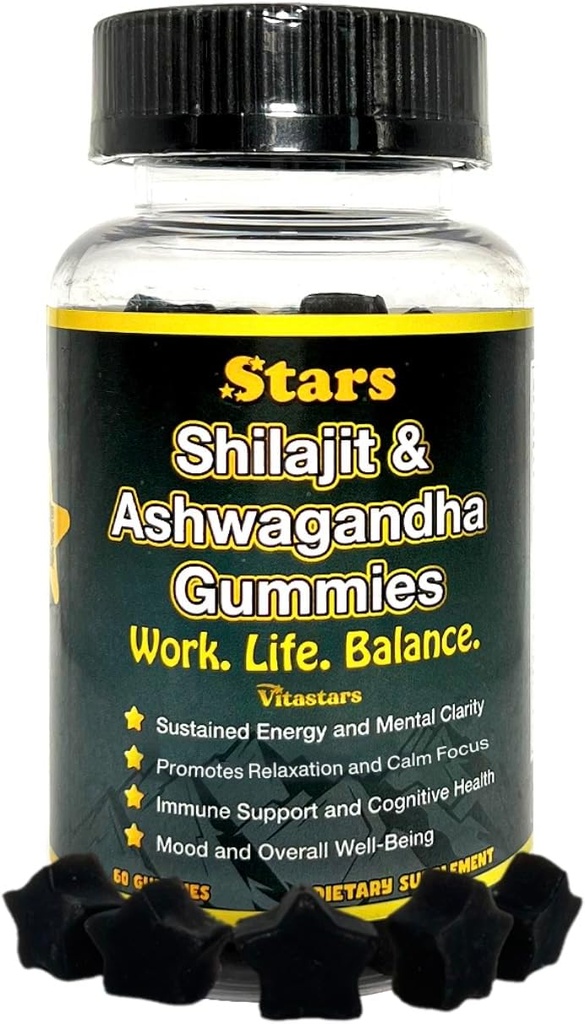 Shilajit Ashwagandha Gummies - Immununterstützungsergänzung mit reinem Shilajit Resin - Organic Ashwagandha Gummy für Stress, Energie & Wellness, 60 natürliche Star-Shaped Gummis