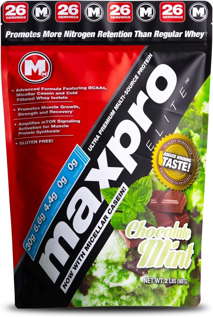 Max Muscle Maxpro Elite | 30g Protein | 6.6g BCAAs | Micellare Caseina filtrata a freddo Whey Isolate Protein Concentrate | Promuove la crescita, la resistenza e il recupero del muscolo (Mina di cioccolato, 2lb)