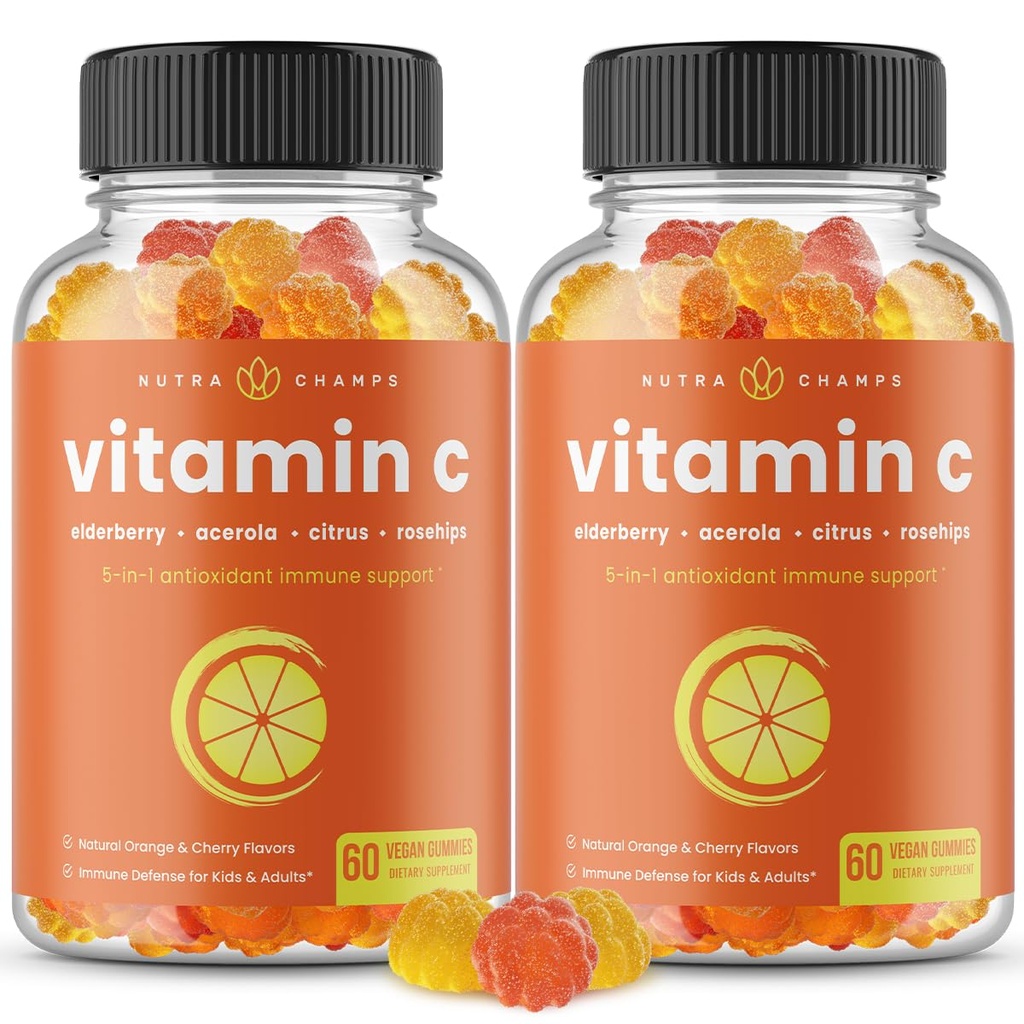 NutraChamps Vitamin C Gummies per Adulti & Bambini, 5-in-1 Supporto di sistema immunitario con Elderberry, Rosehips, Citrus Bioflavonoids & Acerola Cherry, Integratore di Booster di immunità (Pack of 2)