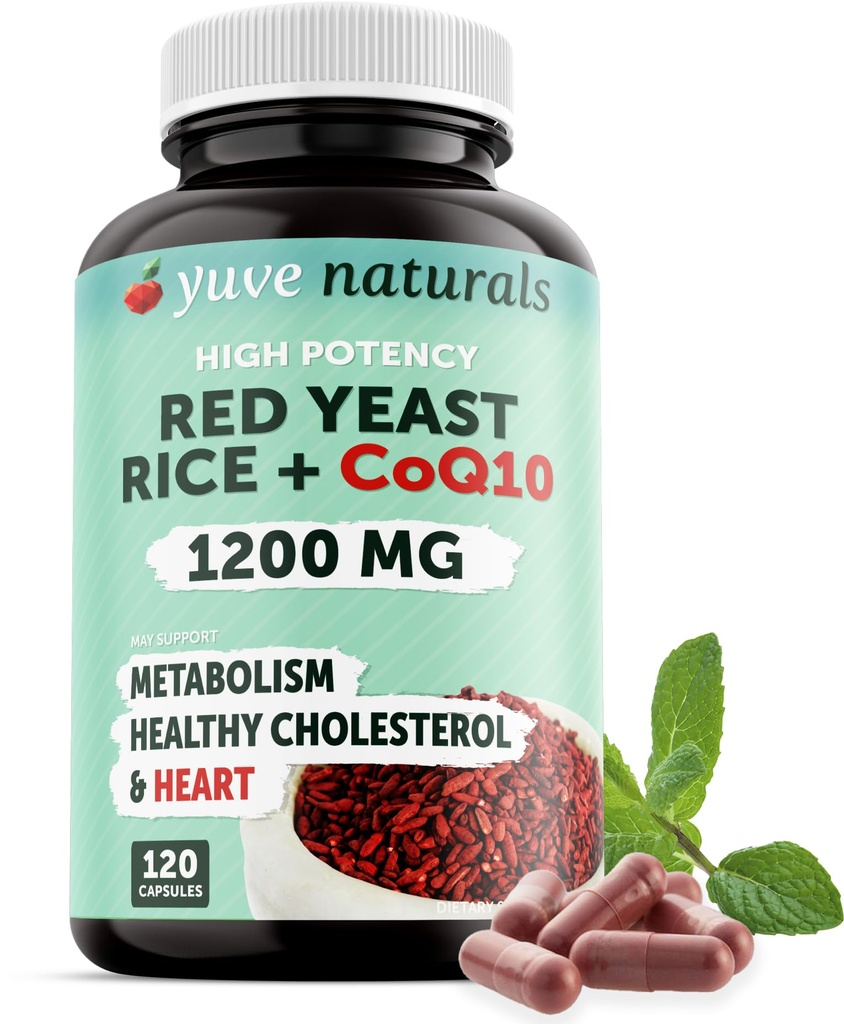 100% naturale rosso lievito di riso 1200 mg con CoQ10 100 mg, 2 in 1, mantenere livelli di colesterolo sano - 120 capsule vegetali