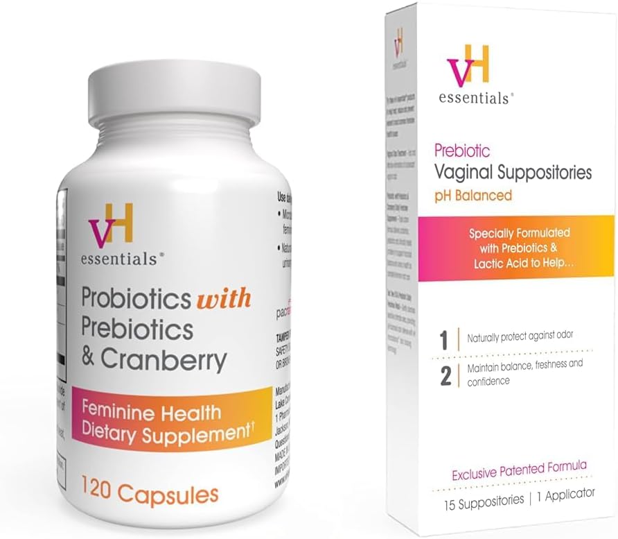 vH essential Probiotiques avec prébiotiques et supplément de santé féminine aux canneberges - 120 capsules (544-36) et prébiotique PH Équilibré Suppositoires vaginalesBox, version originale, 15 Compte