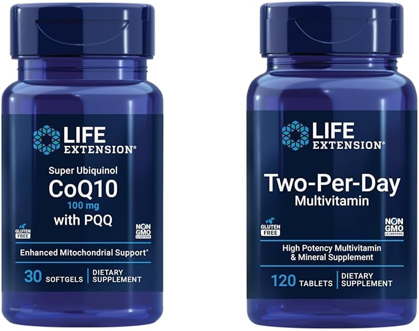 Life Extension Super Ubiquinol CoQ10 100mg 30 Softgels Cellular Energy Support Bundle with Two-Per-Day High Potency 120 Tablet Multivitamin