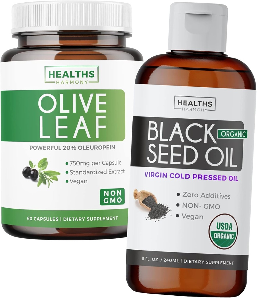 Bundle of Black Seed Oil Liquid & Olive Leaf Extract - Immun Support Synergy Bundle - Organic Black Seed Oil Liquid (8 fl oz) & Olive Leaf Extract mit 20% Oleuropein Immune Supplement (60 Capsule)