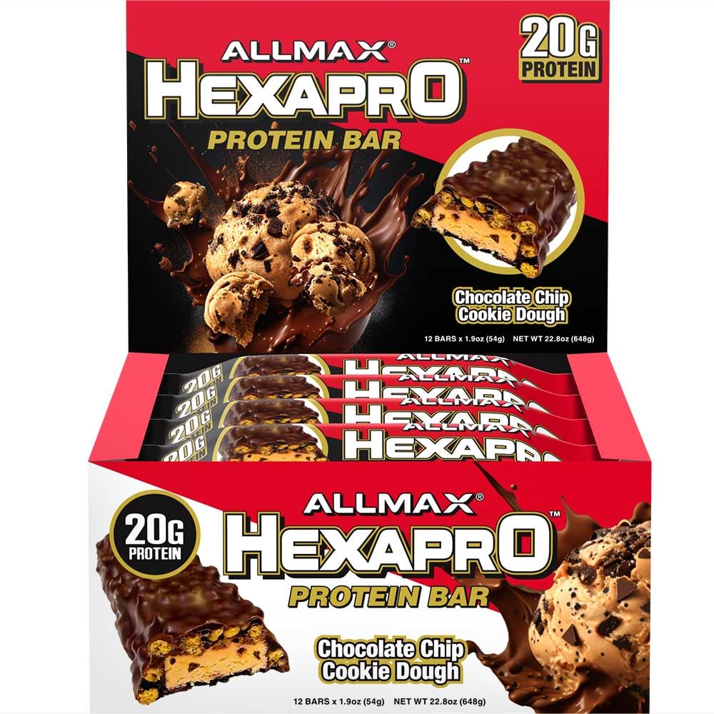 ALLMAX HEXAPRO PROTEIN BAR, Chocolate Chip Cookie Dough - Paket von 12 - High-Protein Energy Snack - 20 g Protein Per Bar - Mit Whey Protein Isolate