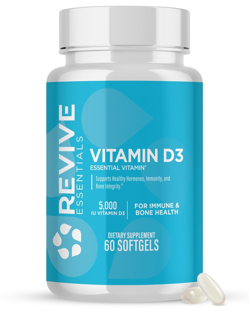 Revive MD Vitamin D3 Supplemento, 5000 IU - High Potency Cholecalciferol per il supporto immunitario, l'assorbimento del calcio, la salute del muscolo di Bone & - Supplemento dietetico non OGM con nessun filler - 60 Softgels