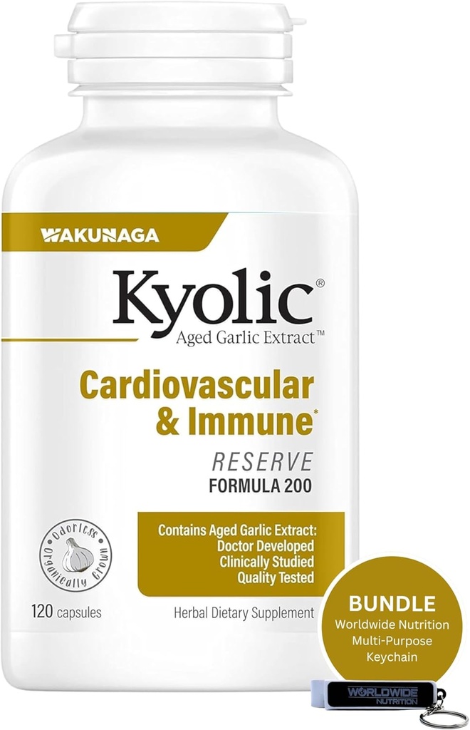 Weltweite Ernährung Bundle Kompatibel mit Kyolic Aged Knoblauch Extrakt, Herz-Kreislauf & Immune - Reserve Formel 200, Kyolc Aged Knoblauch Extrakt Kapseln 120 Zähler und Multi-Purpose Schlüsselanhänger