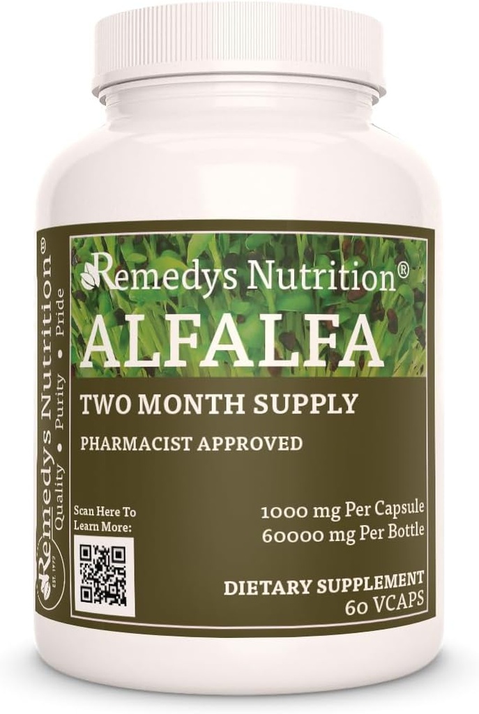 Remèdes Nutrition Alfalfa - 1000 mg, 60 Capsules de végétaliens Supplément alimentaire à base de plantes - Approvisionnement de deux mois