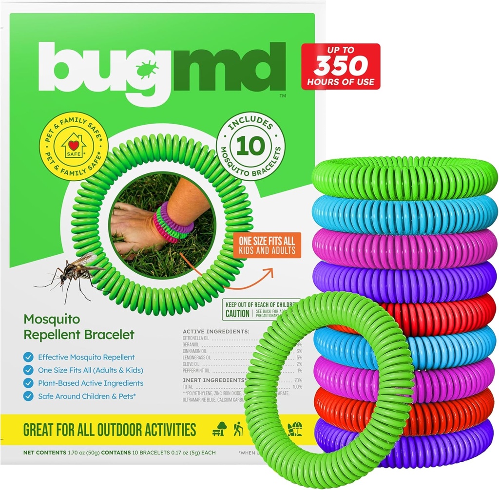 BugMD 10 Pack Moskito Armbänder, DEET-freie Bands für Erwachsene & Kinder, Natürliche und wasserdichte Citronella Armbänder für Camping, Wandern, Strand, Reisen & Outdoor Essentials