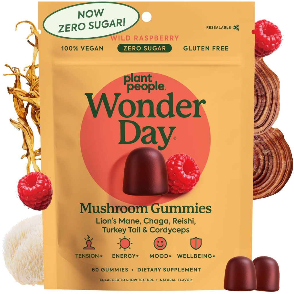 Plant People WonderDay Mushroom Gummies - Lion’s Mane, Cordyceps, Chaga Mushroom Supplement zur Unterstützung Immunsystem De-Stress Boost Mood & Energy in Erwachsene Natürlich, Vegan, Non-GMO (60 Count)