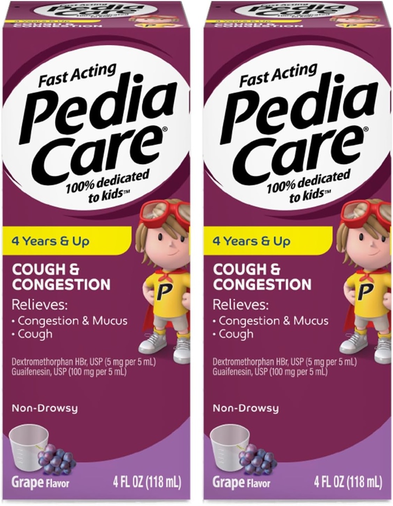 Kinder Cough & Congestion Liquid Medicine for Cough, Chest Congestion und Mucus Cold Symptoms, Non-Drowsy, Ages 4+, Grape Flavor, 4 fl oz (2 Pack)