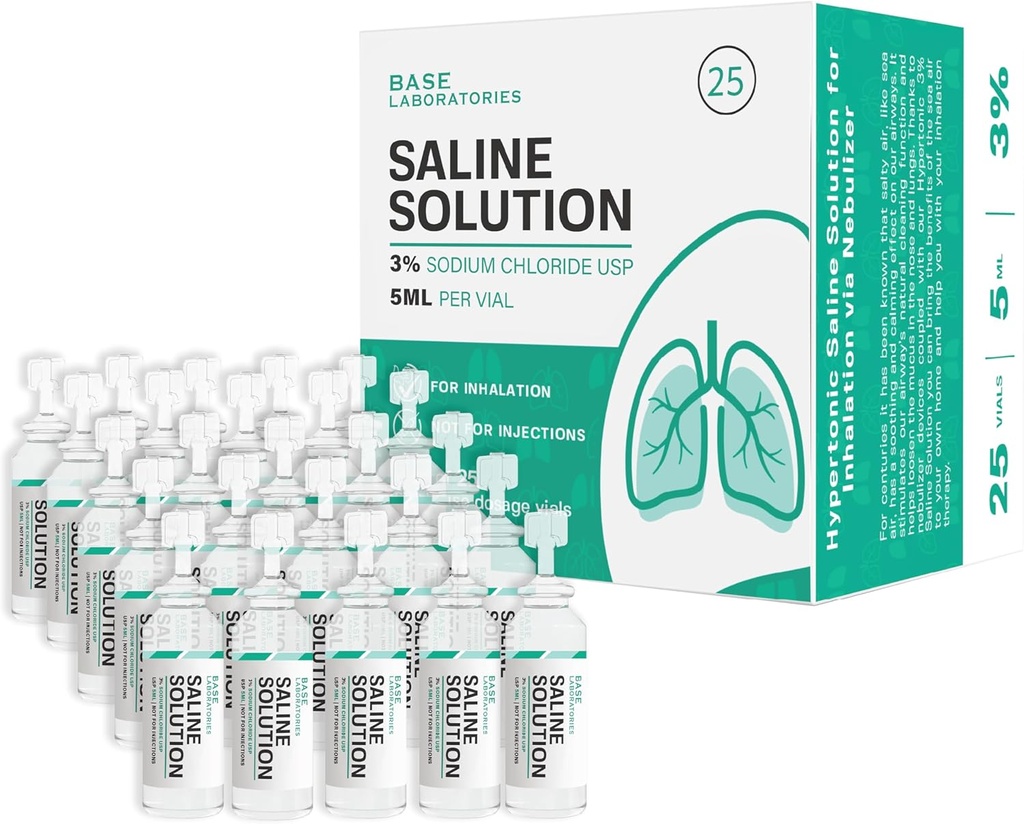 BASE LABORATORIES 3% Saline Solution for Nebulizer Machine | Saline Solution for Inhalation & Nasal Irrigation | High 3% Concentration l 25 Vials 5ml Unit Dose