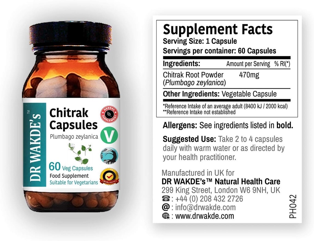 DR WAKDE'S Chitrak Kapseln (Plumbago zeylanica, 60 Veg Caps, Plant-Based Supplement, Ayurvedic Herb, All Natural, Vegan)