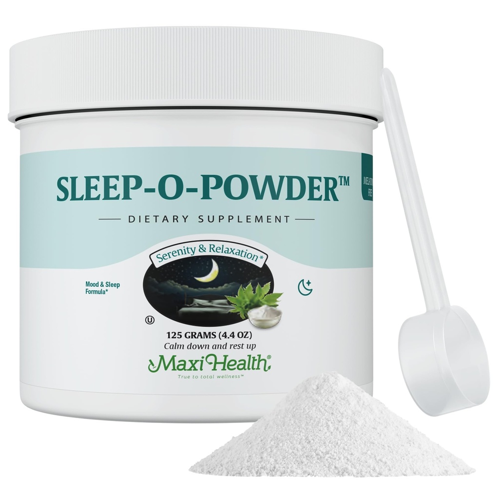 Maxi Health - Poudre de sommeil avec Magnésium, Inositol et L-Tryptophane - Zero Melatonin Non Habit formant l'aide au sommeil - Mélange de boisson facile, Supplément de boisson de sommeil relaxant pour le coucher, 4.4 Oz Sleep-O-Powder