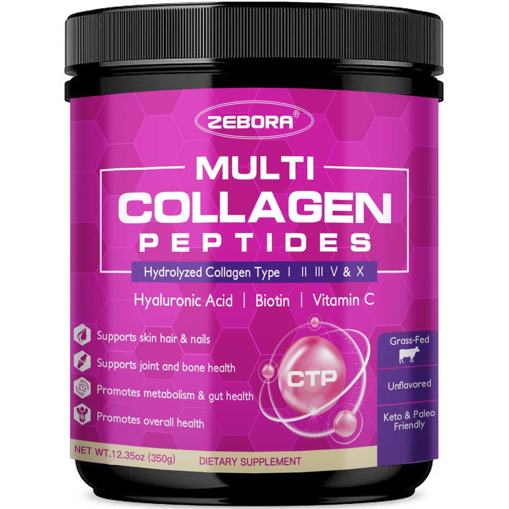 ZEBORA Multi Collagen Peptides Polvere - Collage idrolizzato Tipo I II III V X con acido ialuronico, biotina, vitamina C - Support Skin Giunti per capelli, Non-GMO, Non aromatizzati, Keto Friendly