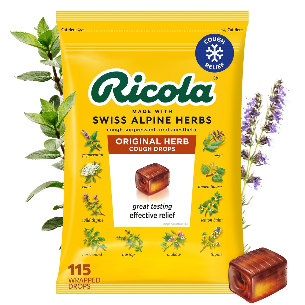 Ricola Original Herb Cough Drops, 115 Count, Cough Suppressant & Throat Rilieving Drops with Naturally Sourceed Menthol, Pleasing Herbal Taste for Coughs & Throat Irritation Symptom Relief