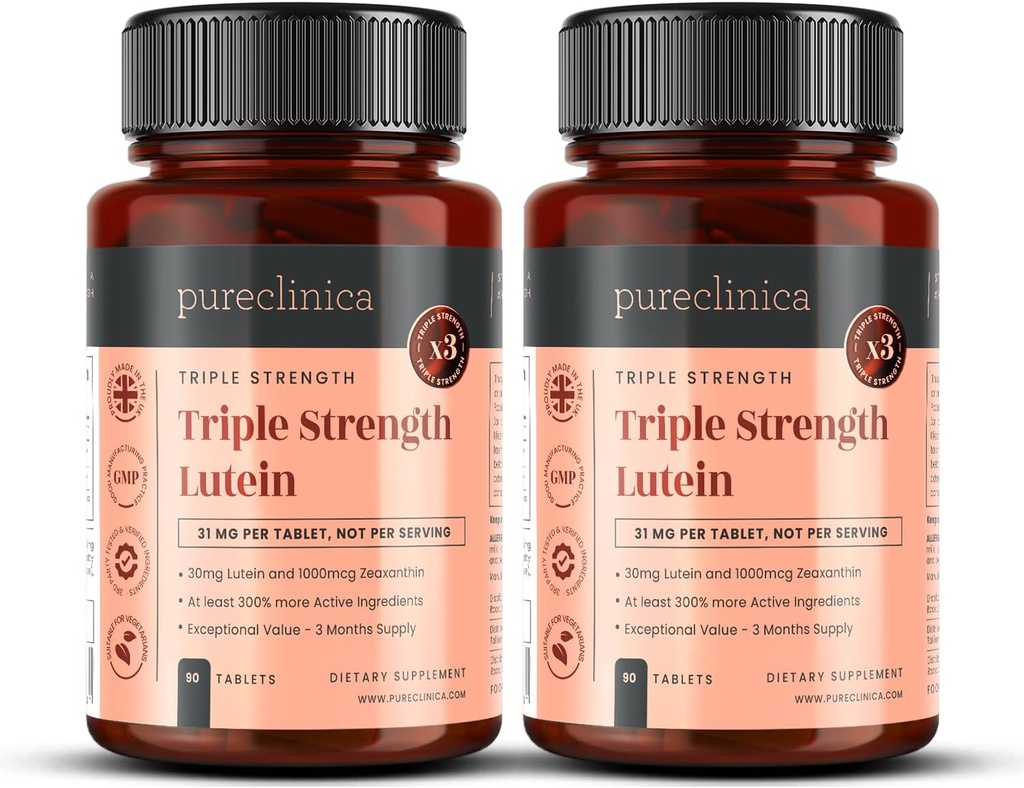 purclinica Lutein 30mg x 180 comprimés (2 flacons avec 90 comprimés dans chacun). avec 1000mcg Zeaxanthin. 3 x La force des comprimés Lutein réguliers