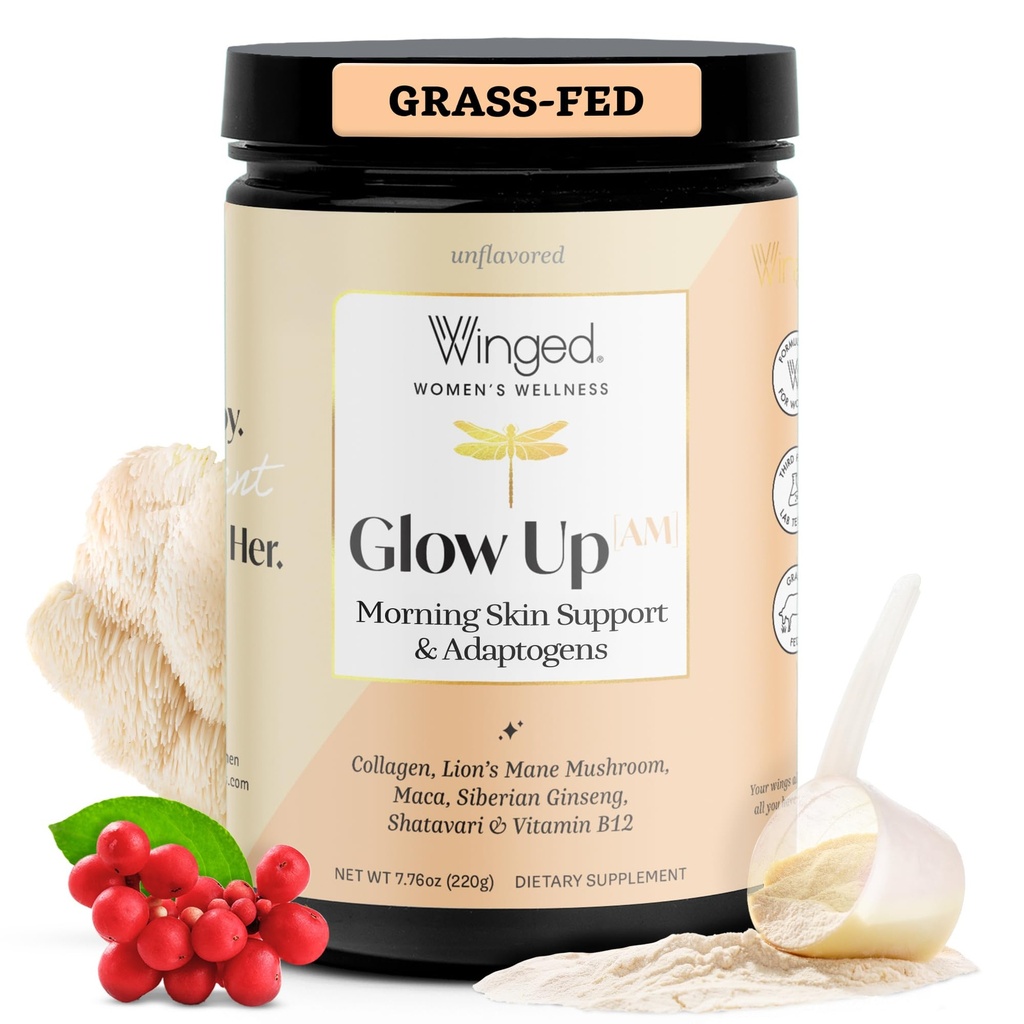 Winged Wellness Glow Up AM, Polvere di collagene per le donne - Morning Beauty Supplement per la pelle di Glowing con Peptidi di collagene idrolizzati a base di erba, Radice Mane & Maca del leone - 21 Serve, non aromatizzato