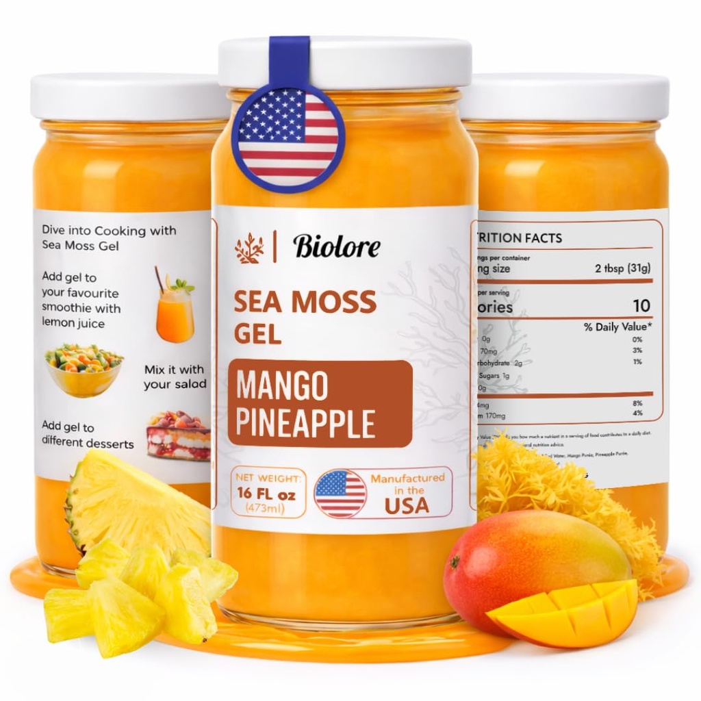 Biolore Wildcrafted Sea Moss Gel - Mango Ananass 16 oz - Gel di Moss di mare aromatizzato con vitamine essenziali & Trace Minerals - Vegan Superfood - Made in USA, senza glutine, senza zucchero