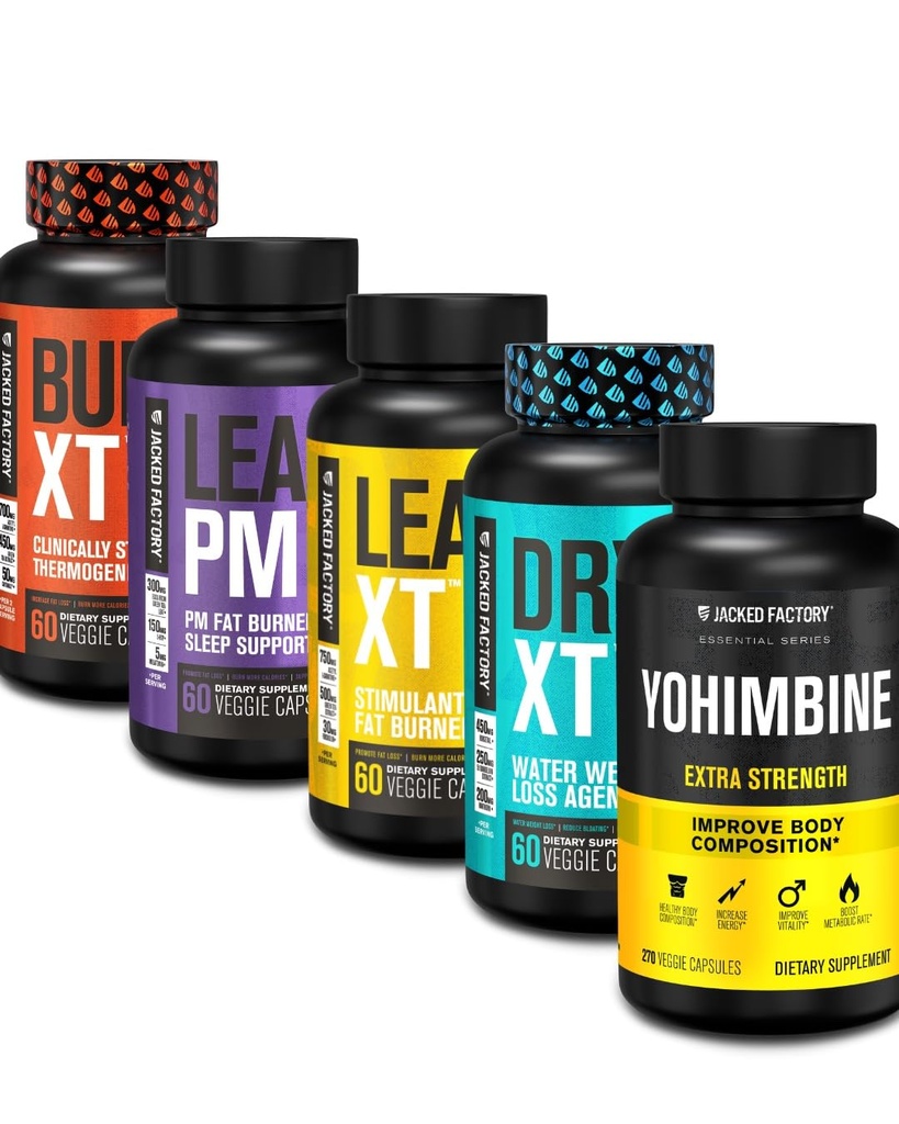 Supplemento di perdita di peso del bruciatore grasso termogenico della fabbrica Jacked - Burn-XT Thermogenic e Lean PM Nighttime Weight Loss Sleep Aid - Bruciatore grasso senza caffeina Lean-XT, Yohimbine Capsules, Diuretico XT secco