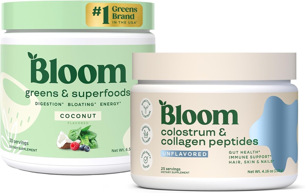 Bloom Nutrition Superfood Greens Powder, Enzimi Digestivi con Probiotici e Prebiotici, Salute Gut, Bloating Relief, Coconut + Bovine Colostrum Powder | Pure 40% IgG Premium Colostrum