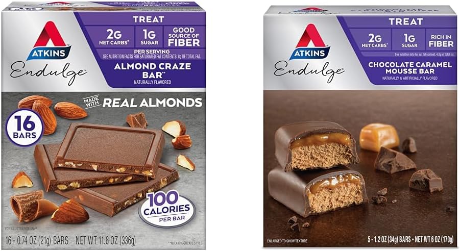 Atkins Endulge Mandel Craze Bar 16 Count & Chocolate Caramel Mousse Bar 5 Count, Keto Friendly, Low Sugar